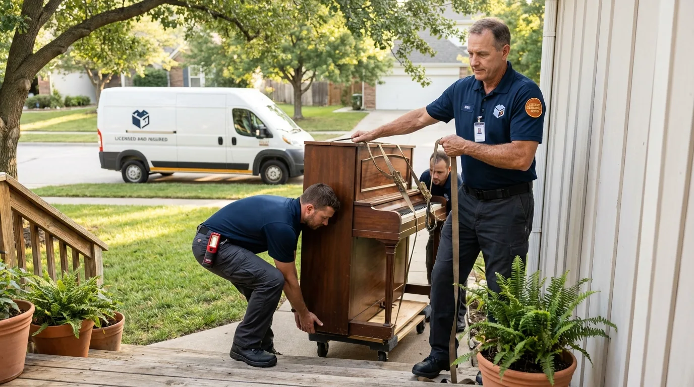 Licensed piano movers securing grand piano in Readfield, ME