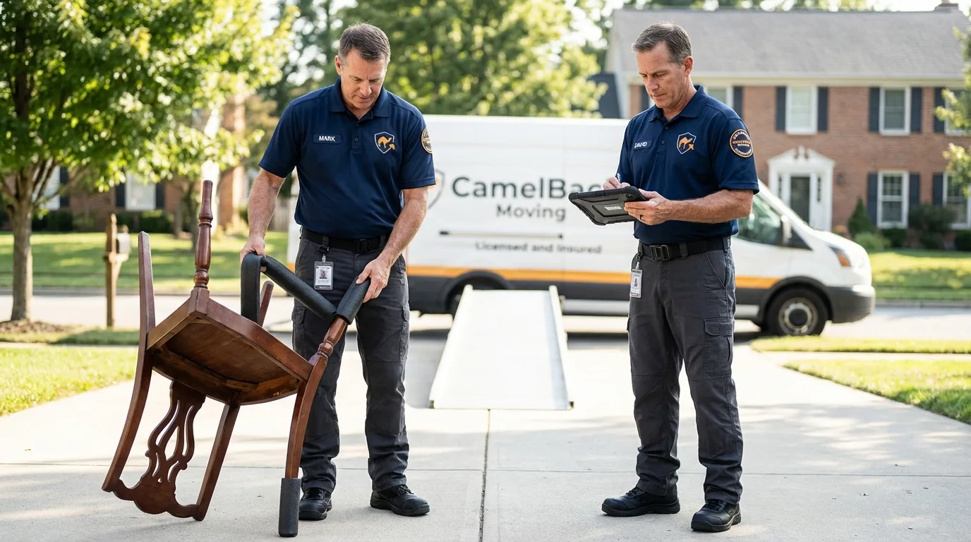 Movers inspecting furniture for damage prevention before loading in Readfield, ME