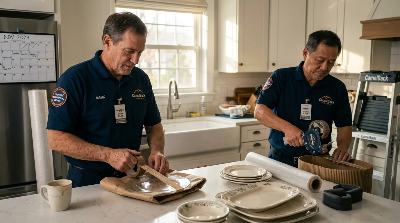 Professional crew packing kitchen dishware in Readfield, ME